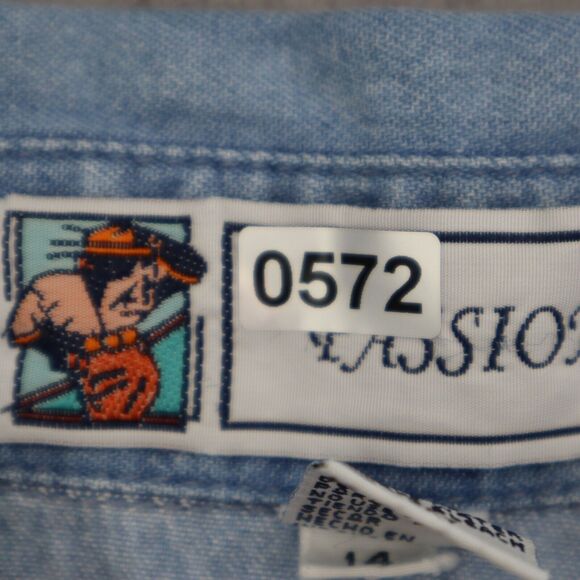 Passion-I Shirt Womens L Blue Denim Button Front Floral Embroidered Pocket - Picture 13 of 16